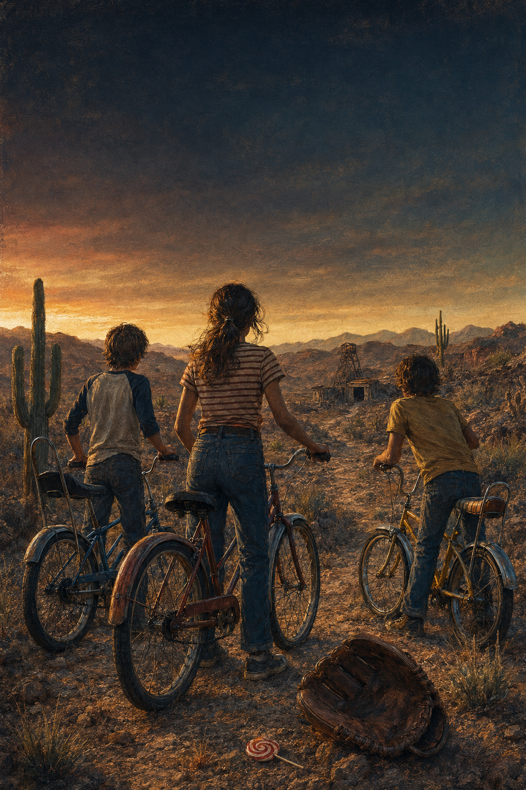 Painterly draft cover artwork showing Sam, Mia, and Willie with bicycles overlooking an Arizona desert mine at dusk